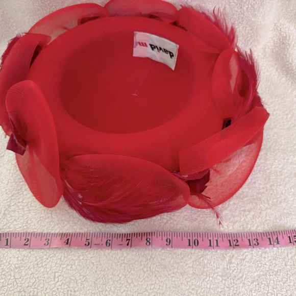 David M Vintage Women’s Red wood hat. Crown covered w/coque, feathers. main image 7